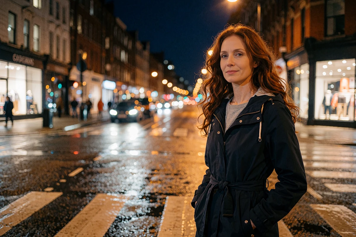 Woman in a navy raincoat pausing at a night crosswalk - privacy and discretion on Dialogmia free dating site