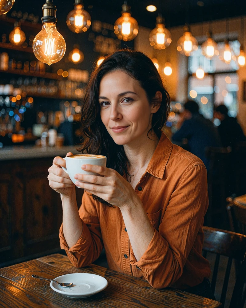 Woman in a rust-orange shirt cradling a cappuccino in a cozy café, a verified Dialogmia dating profile photo
