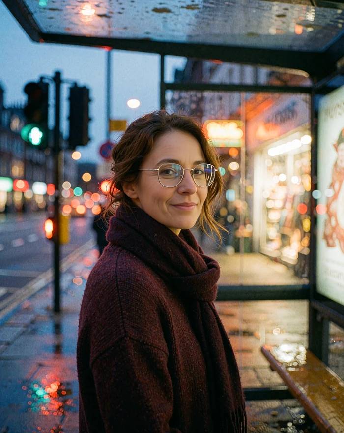 Woman in a burgundy sweater waiting at a bus shelter at dusk, a Dialogmia member finding local matches nearby