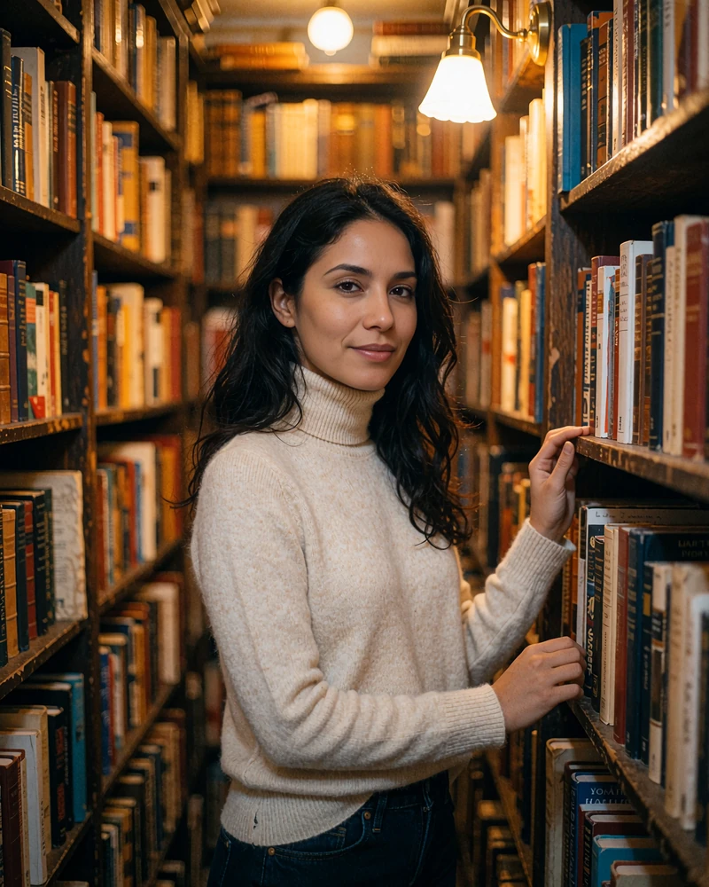 Warm woman in a cream turtleneck standing in a bookshop aisle, a genuine Dialogmia member-style dating profile