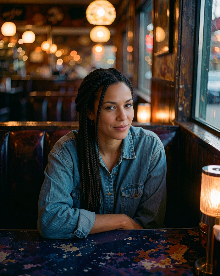 Woman in a chambray denim shirt relaxing in a diner booth, a Dialogmia member sharing her dating app experience