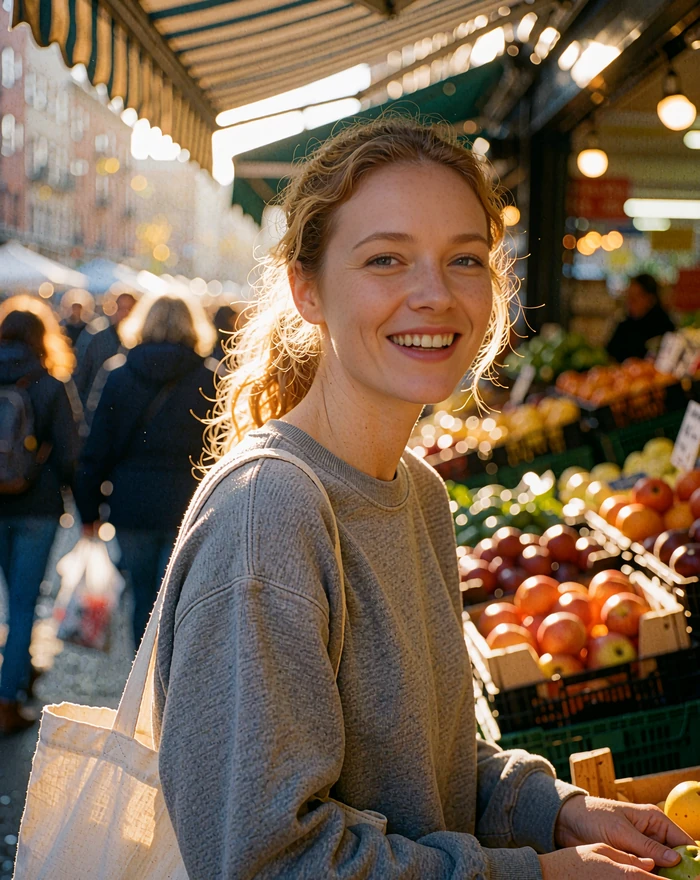Smiling woman in a grey sweatshirt at a farmers market, an illustrative Dialogmia member enjoying free local dating chat