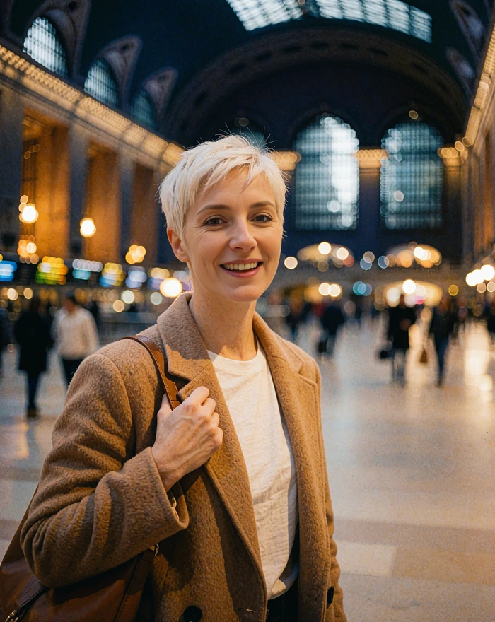 Woman in a camel coat smiling at a train station - an illustrative Dialogmia success story about meeting singles locally