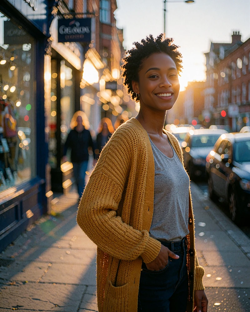 Confident woman in a mustard cardigan smiling on a city sidewalk at golden hour, looking to meet singles online