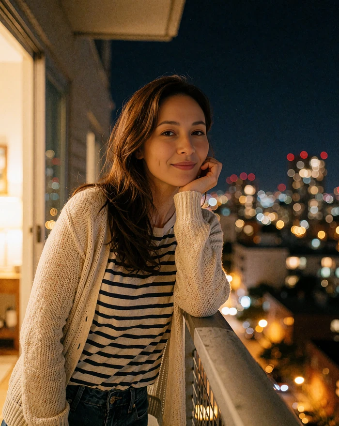Woman leaning on a night balcony with city lights - a Dialogmia member story about chatting with local singles