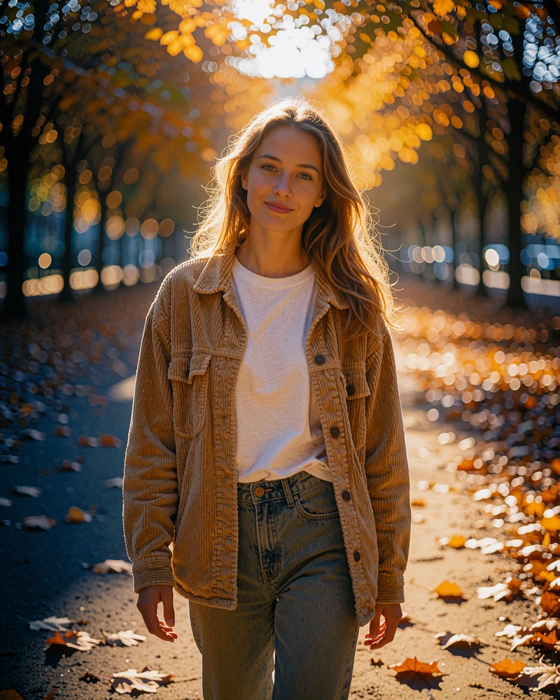 Smiling woman in a tan corduroy jacket walking an autumn park path, browsing free dating sites for local singles