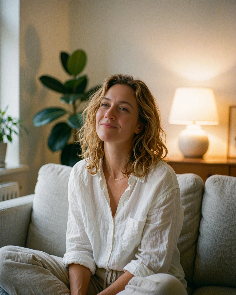 Relaxed woman in a white linen shirt sitting cross-legged on a sofa, single and ready to chat on Dialogmia