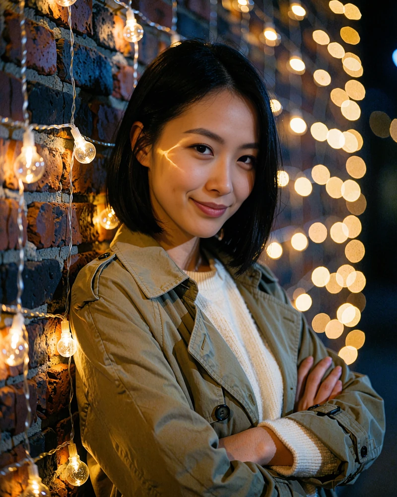 Playful woman in an olive trench coat leaning on a brick wall with fairy lights, online dating profile photo